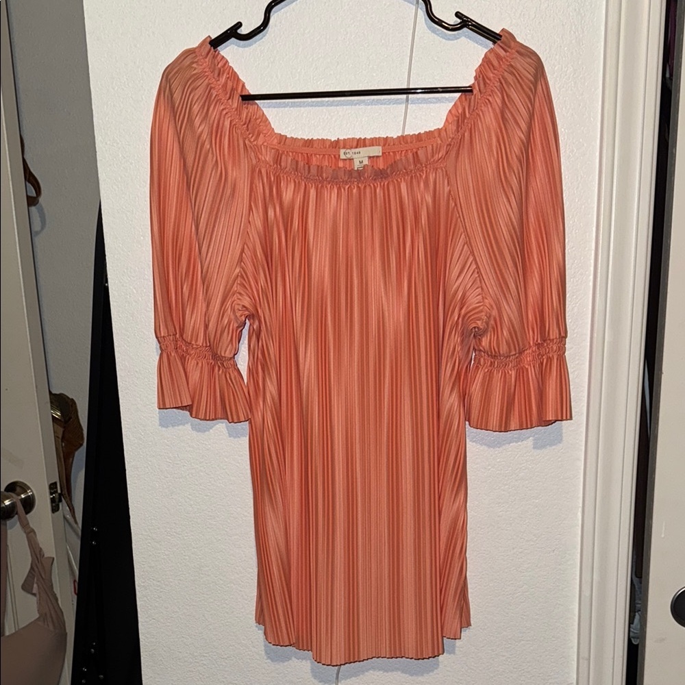 Elegant Coral Ruched Ruffled 3/4 Sleeve Blouse
